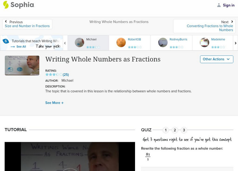 Sophia: Writing Whole Numbers as Fractions: Lesson 4 Instructional Video Sophia: Writing Whole Numbers as Fractions: Lesson 4 Instructional Video