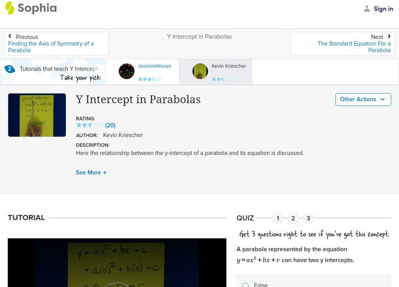 Sophia: Y Intercept in Parabolas: Lesson 1 Instructional Video Sophia: Y Intercept in Parabolas: Lesson 1 Instructional Video