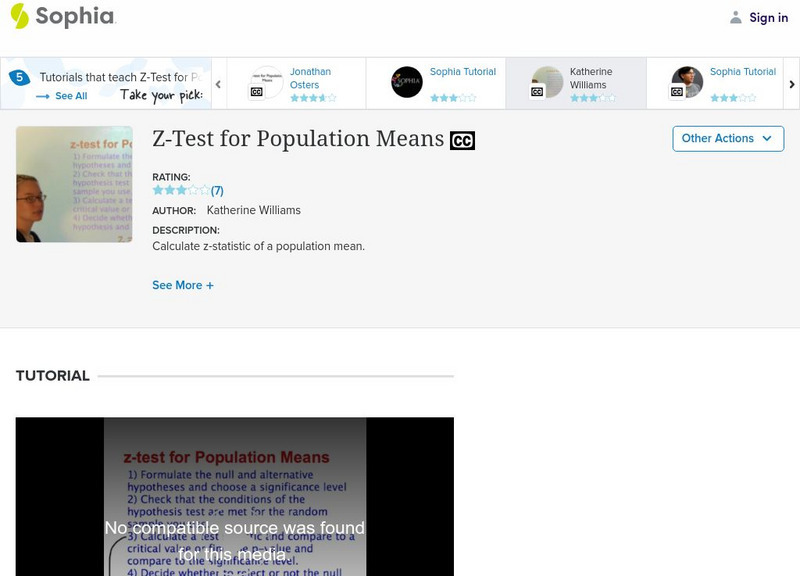Sophia: Z Test for Population Means: Lesson 3 Instructional Video