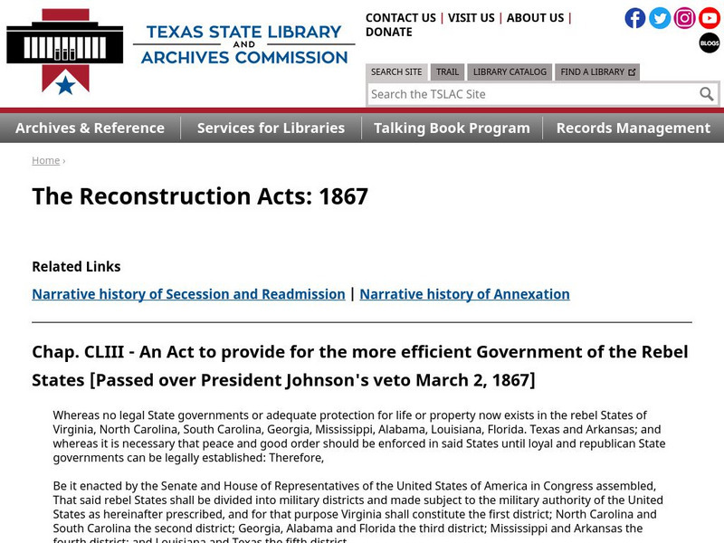 Texas State Library and Archives Commission: About Texas: Reconstruction Acts: 1867 Primary Texas State Library and Archives Commission: About Texas: Reconstruction Acts: 1867 Primary