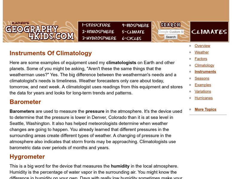 Geography4 kids.com: Instruments of Climatology Website