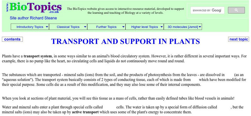 Bio Topics: Transport and Support in Plants Unknown Type