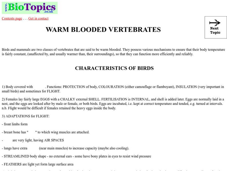 Bio Topics: Warm Blooded Vertebrates Unknown Type Bio Topics: Warm Blooded Vertebrates Unknown Type