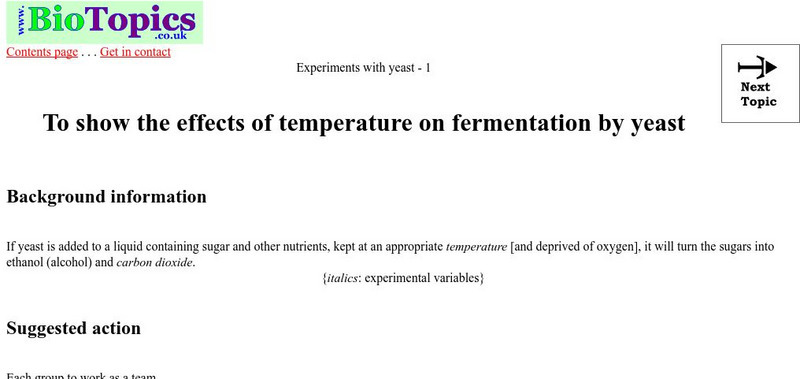 Bio Topics: To Show the Effects of Temperature on Fermentation by Yeast Activity
