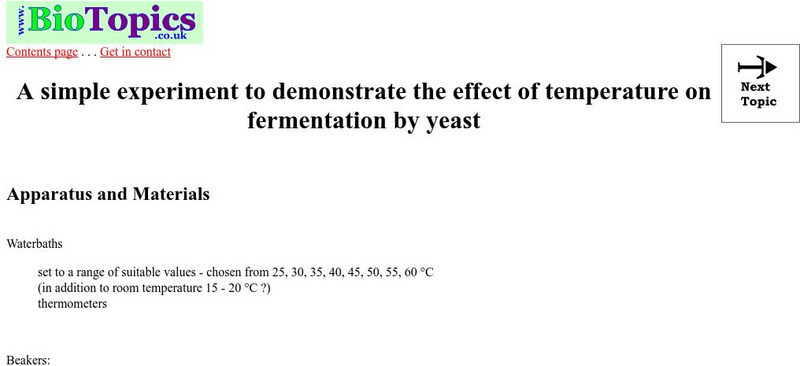 Bio Topics: Demonstrate the Effect of Temperature on Fermentation by Yeast Activity