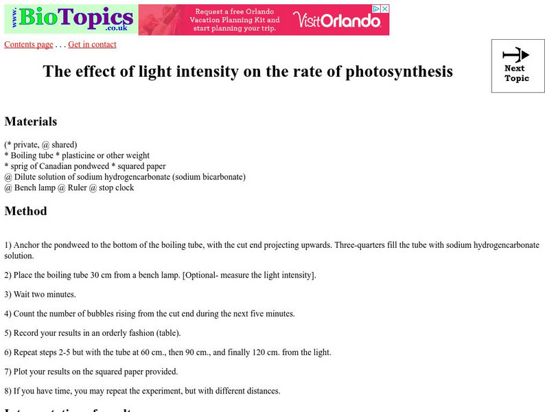 Bio Topics: The Effect of Light Intensity on the Rate of Photosynthesis Activity Bio Topics: The Effect of Light Intensity on the Rate of Photosynthesis Activity