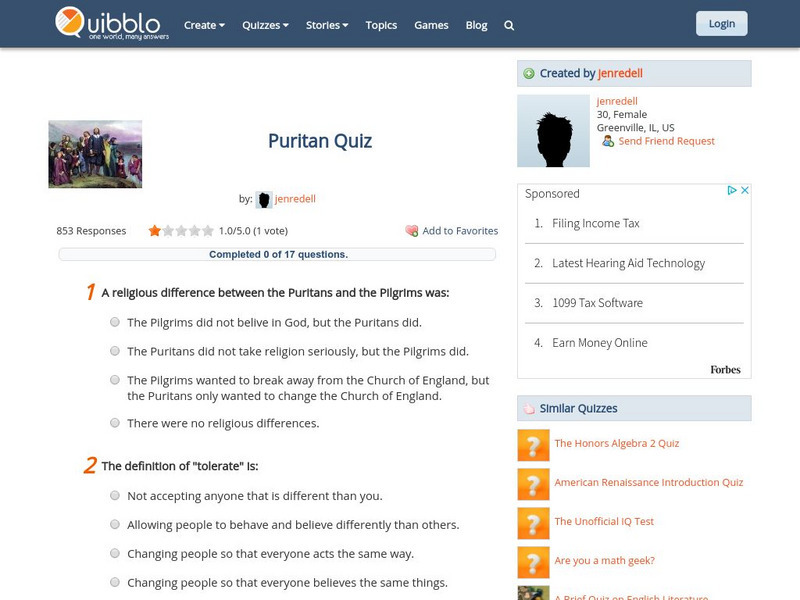 Quibblo: Puritan Quiz Unknown Type Quibblo: Puritan Quiz Unknown Type