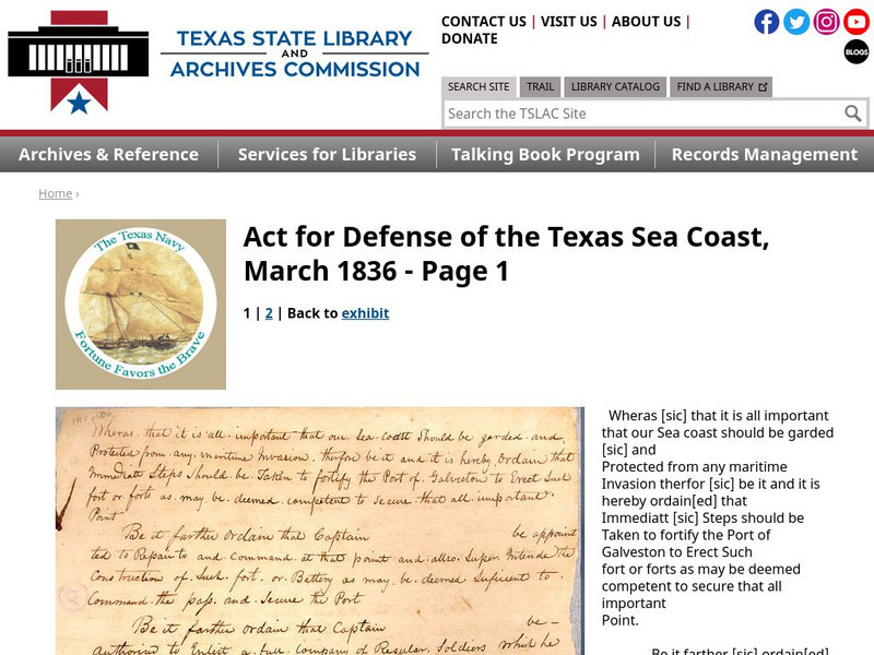 Texas State Library and Archives Commission: The Texas Navy: Act for Defense of the Texas Sea Coast, March 1836 Primary Texas State Library and Archives Commission: The Texas Navy: Act for Defense of the Texas Sea Coast, March 1836 Primary