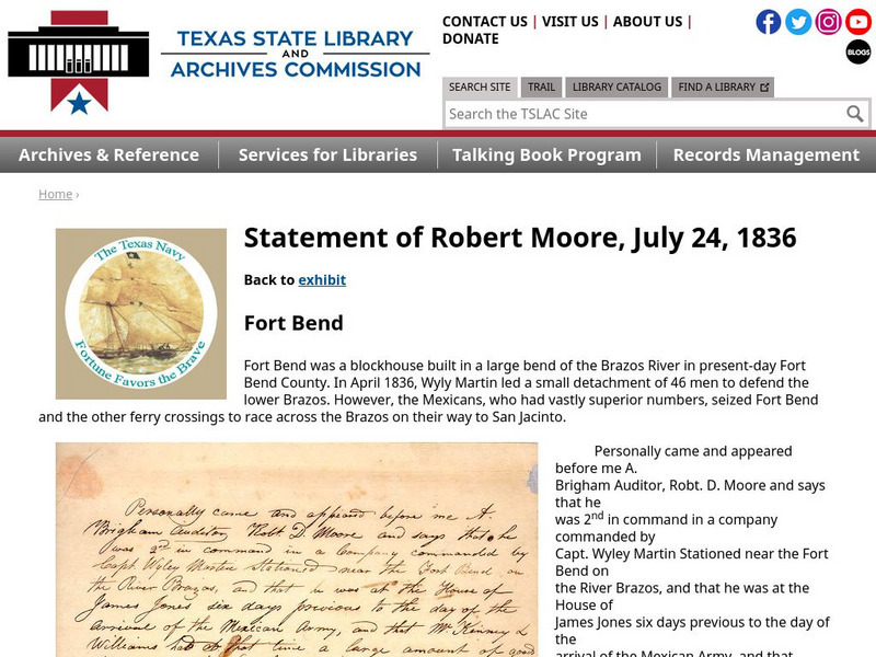 Texas State Library and Archives Commission: The Texas Navy: Statement of Robert Moore, July 24, 1836 Primary Texas State Library and Archives Commission: The Texas Navy: Statement of Robert Moore, July 24, 1836 Primary