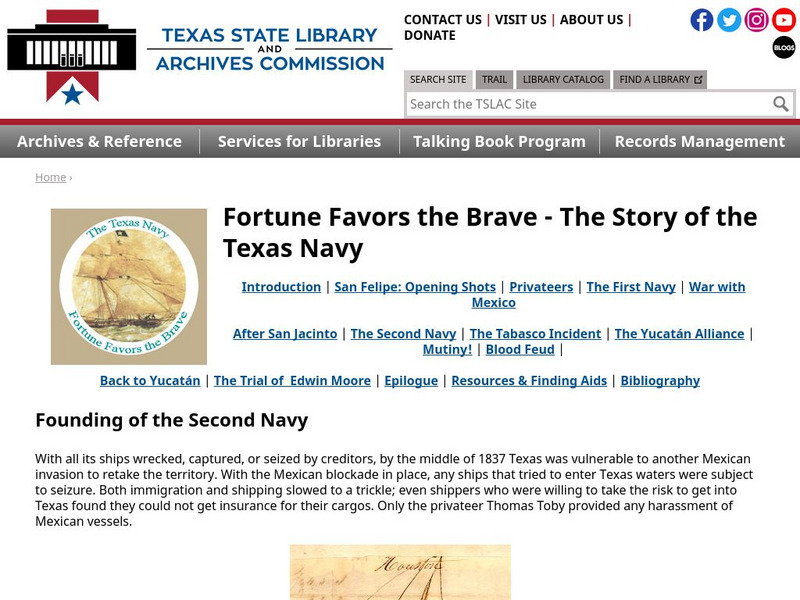 Texas State Library and Archives Commission: The Texas Navy: Founding of the Second Navy Primary Texas State Library and Archives Commission: The Texas Navy: Founding of the Second Navy Primary