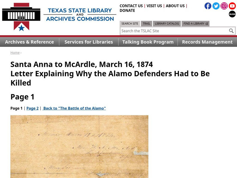 Texas State Library and Archives Commission: Santa Anna to Mc Ardle, March 16, 1864 Primary Texas State Library and Archives Commission: Santa Anna to Mc Ardle, March 16, 1864 Primary