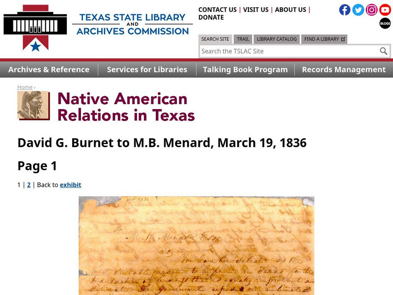 Texas State Library and Archives Commission: Native American Relations in Texas: David G Burnet to m.b. Menard, Mar 1836 Primary