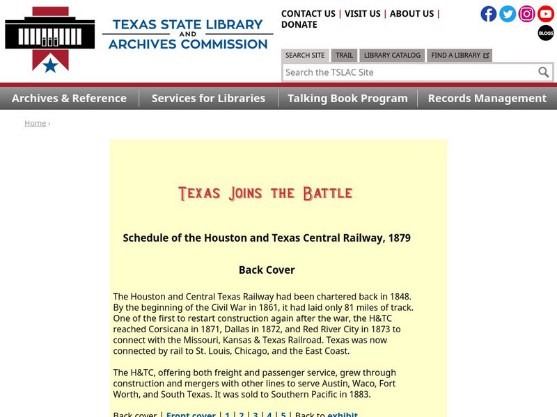 Texas State Library and Archives Commission: Texas Joins the Battle: Schedule of Houston and Texas Central Railway, 1879 Primary Texas State Library and Archives Commission: Texas Joins the Battle: Schedule of Houston and Texas Central Railway, 1879 Primary