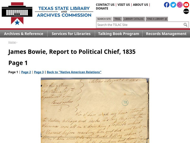 Texas State Library and Archives Commission: Native American Relations in Texas: James Bowie, Report to Political Chief Primary Texas State Library and Archives Commission: Native American Relations in Texas: James Bowie, Report to Political Chief Primary