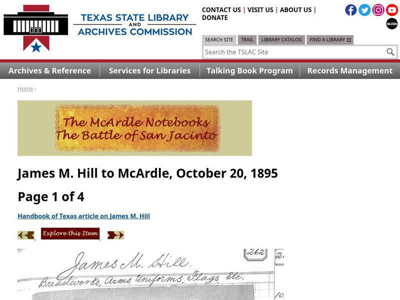 Texas State Library and Archives Commission: Battle of San Jacinto: James M. Hill to Mc Ardle Primary Texas State Library and Archives Commission: Battle of San Jacinto: James M. Hill to Mc Ardle Primary