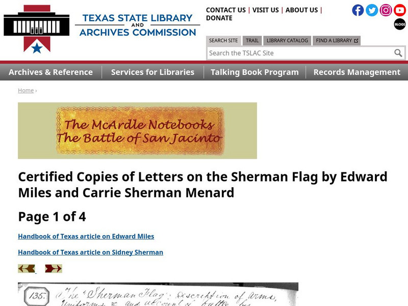 Texas State Library and Archives Commission: Battle of San Jacinto: Certified Copies of Letters on the Sherman Flag Primary