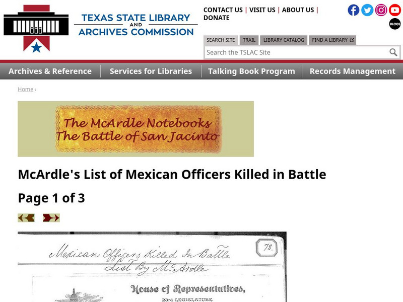 Texas State Library and Archives Commission: Battle of San Jacinto: Mc Ardle's List of Mexican Officers Killed in Battle Primary Texas State Library and Archives Commission: Battle of San Jacinto: Mc Ardle's List of Mexican Officers Killed in Battle Primary