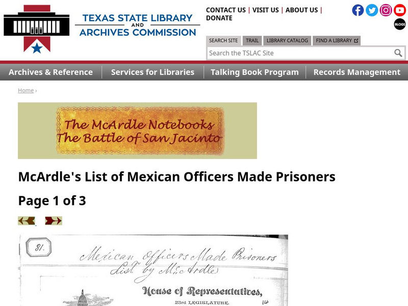 Texas State Library and Archives Commission: Battle of San Jacinto: Mc Ardle's List of Mexican Officers Made Prisoners Primary Texas State Library and Archives Commission: Battle of San Jacinto: Mc Ardle's List of Mexican Officers Made Prisoners Primary