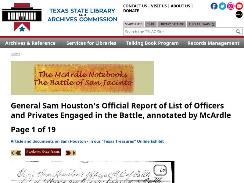 Texas State Library and Archives Commission: Battle of San Jacinto: List of Texans Engaged Primary Texas State Library and Archives Commission: Battle of San Jacinto: List of Texans Engaged Primary