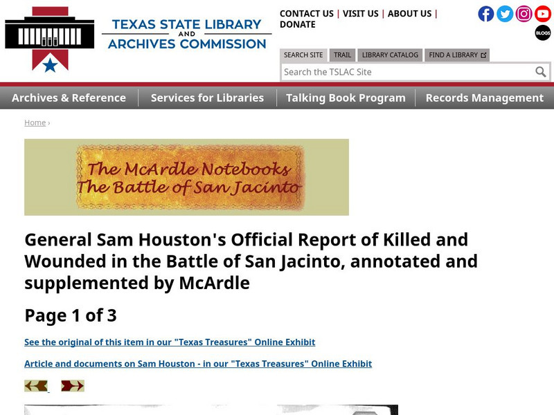 Texas State Library and Archives Commission: Battle of San Jacinto: Offical Report of Killed and Wounded Primary Texas State Library and Archives Commission: Battle of San Jacinto: Offical Report of Killed and Wounded Primary
