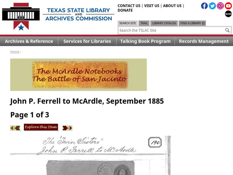 Texas State Library and Archives Commission: The Mc Ardle Notebooks: Battle of San Jacinto: John P Ferrell to the Mc Ardle Primary