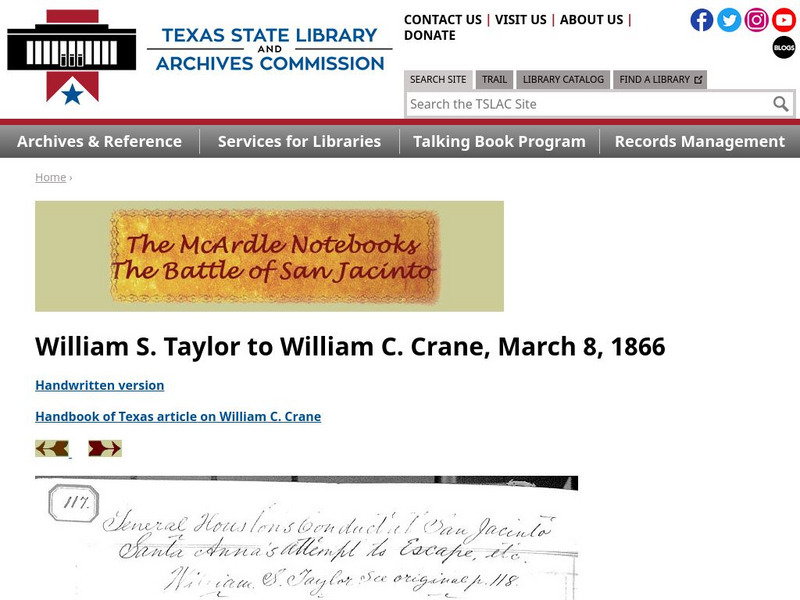 Texas State Library and Archives Commission: The Mc Ardle Notebooks: William S. Taylor to William C. Crane Primary Texas State Library and Archives Commission: The Mc Ardle Notebooks: William S. Taylor to William C. Crane Primary
