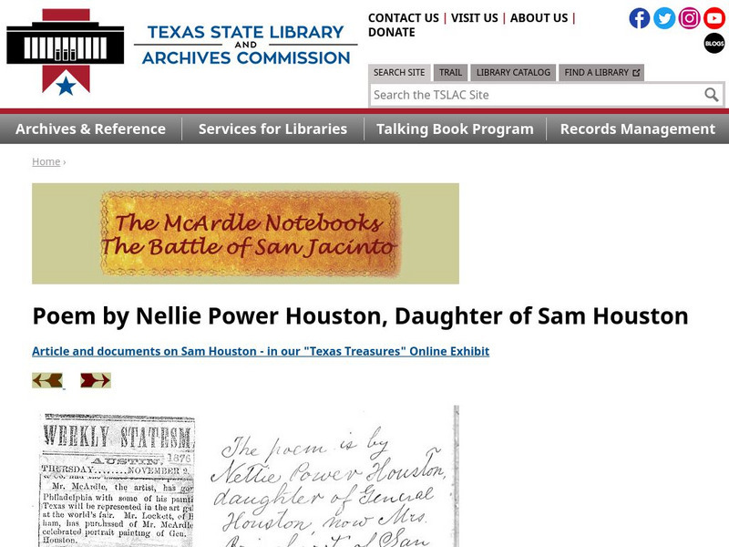 Texas State Library and Archives Commission: The Mc Ardle Notebooks: Poem by Nellie Power Houston, Daugher of Sam Houston Primary Texas State Library and Archives Commission: The Mc Ardle Notebooks: Poem by Nellie Power Houston, Daugher of Sam Houston Primary