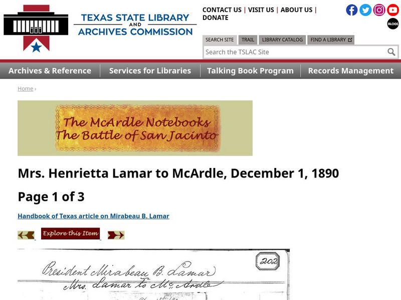 Texas State Library and Archives Commission: Battle of San Jacinto: Mrs. Henrietta Lamar to Mc Ardle, December 1, 1890 Primary