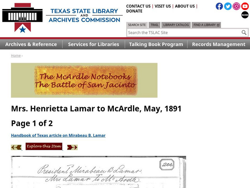 Texas State Library and Archives Commission: Battle of San Jacinto: Mrs. Henrietta Lamar to Mc Ardle, May, 1891 Primary Texas State Library and Archives Commission: Battle of San Jacinto: Mrs. Henrietta Lamar to Mc Ardle, May, 1891 Primary