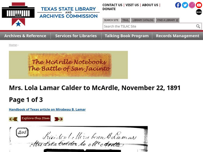 Texas State Library and Archives Commission: Battle of San Jacinto: Mrs. Lola Lamar Calder to Mc Ardle, November 22, 1891 Primary Texas State Library and Archives Commission: Battle of San Jacinto: Mrs. Lola Lamar Calder to Mc Ardle, November 22, 1891 Primary