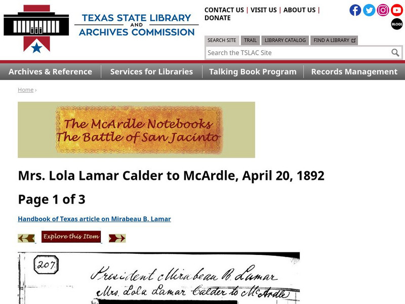 Texas State Library and Archives Commission: Battle of San Jacinto: Mrs. Lola Lamar Calder to Mc Ardle, April 20, 1892 Primary Texas State Library and Archives Commission: Battle of San Jacinto: Mrs. Lola Lamar Calder to Mc Ardle, April 20, 1892 Primary