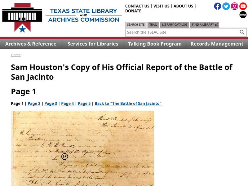 Texas State Library and Archives Commission: Sam Houston's Copy of His Official Report of the Battle of San Jacinto Primary