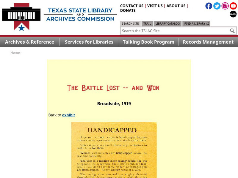 Texas State Library and Archives Commission: The Battle Lost and Won: Broadside, 1919 Handout Texas State Library and Archives Commission: The Battle Lost and Won: Broadside, 1919 Handout