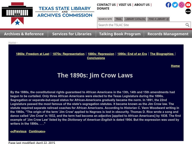 Texas State Library and Archives Commission: The 1890s: Jim Crow Laws Handout