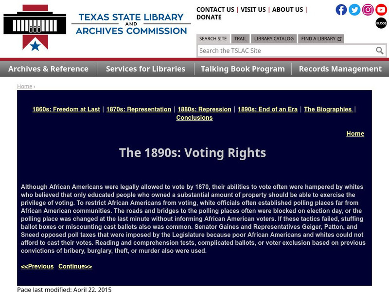 Texas State Library and Archives Commission: The 1890s: Voting Rights Handout Texas State Library and Archives Commission: The 1890s: Voting Rights Handout