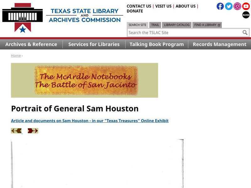 Texas State Library and Archives Commission: The Mc Ardle Notebooks: Portrait of General Sam Houston Graphic Texas State Library and Archives Commission: The Mc Ardle Notebooks: Portrait of General Sam Houston Graphic