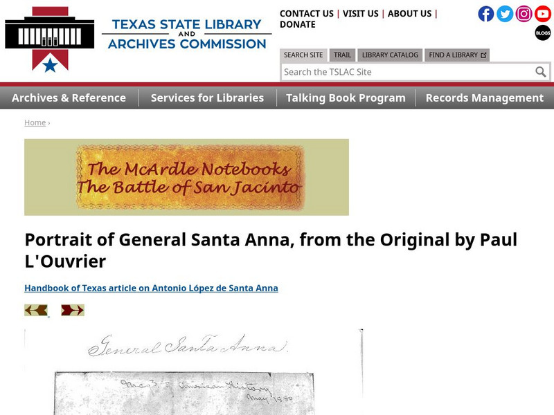 Texas State Library and Archives Commission: Battle of San Jacinto: Portrait of General Santa Anna Graphic Texas State Library and Archives Commission: Battle of San Jacinto: Portrait of General Santa Anna Graphic