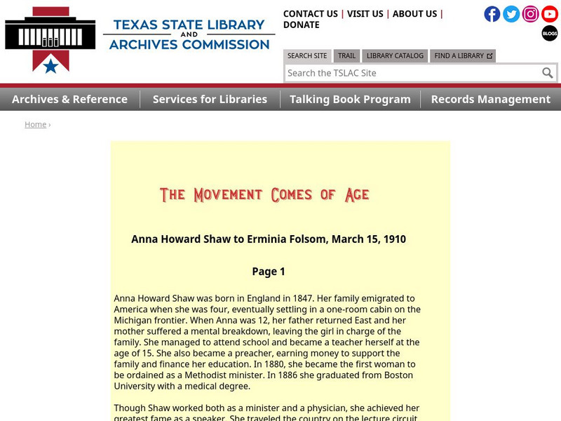 Texas State Library and Archives Commission: The Movement Comes of Age: Anna Howard Shaw to Erminia Folsom, Mar 15, 1910 Website Texas State Library and Archives Commission: The Movement Comes of Age: Anna Howard Shaw to Erminia Folsom, Mar 15, 1910 Website