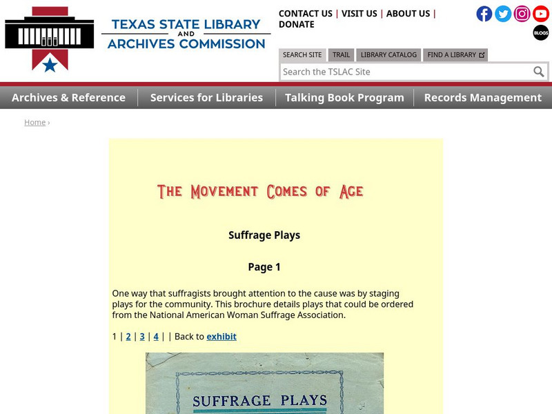 Texas State Library and Archives Commission: The Movement Comes of Age: Suffrage Plays Website Texas State Library and Archives Commission: The Movement Comes of Age: Suffrage Plays Website