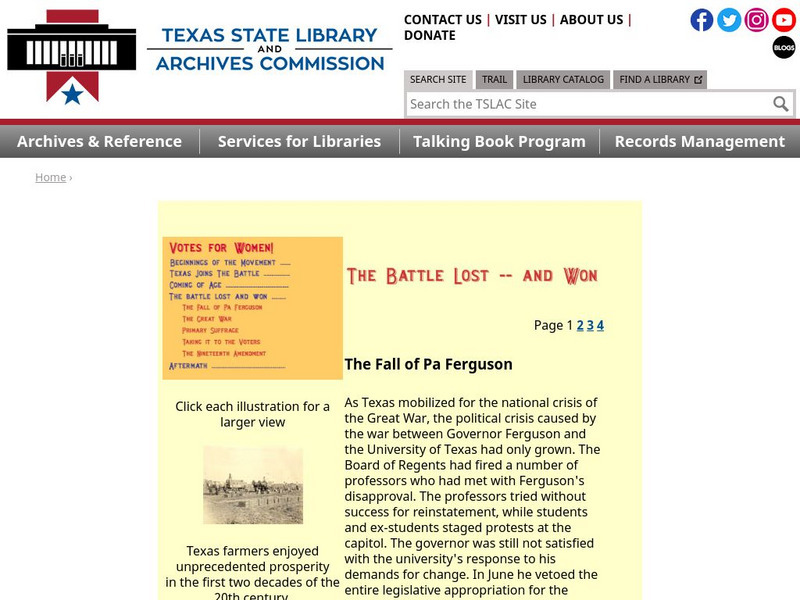 Texas State Library and Archives Commission: The Battle Lost and Won: The Fall of Pa Ferguson/the Great War Website Texas State Library and Archives Commission: The Battle Lost and Won: The Fall of Pa Ferguson/the Great War Website
