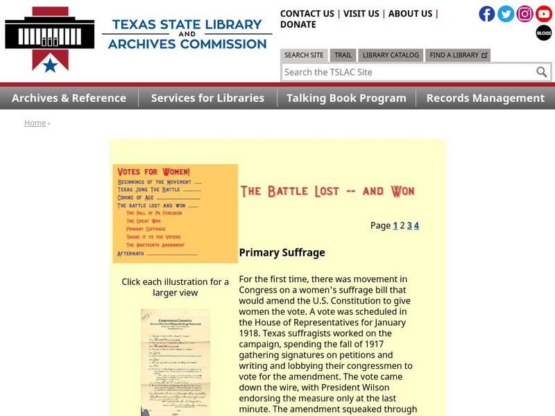 Texas State Library and Archives Commission: The Battle Lost and Won: Primary Suffrage Website Texas State Library and Archives Commission: The Battle Lost and Won: Primary Suffrage Website