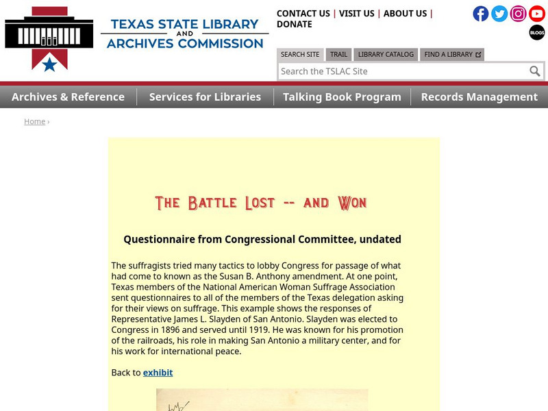 Texas State Library and Archives Commission: The Battle Lost and Won: Questionnaire From Congressional Committee Website Texas State Library and Archives Commission: The Battle Lost and Won: Questionnaire From Congressional Committee Website