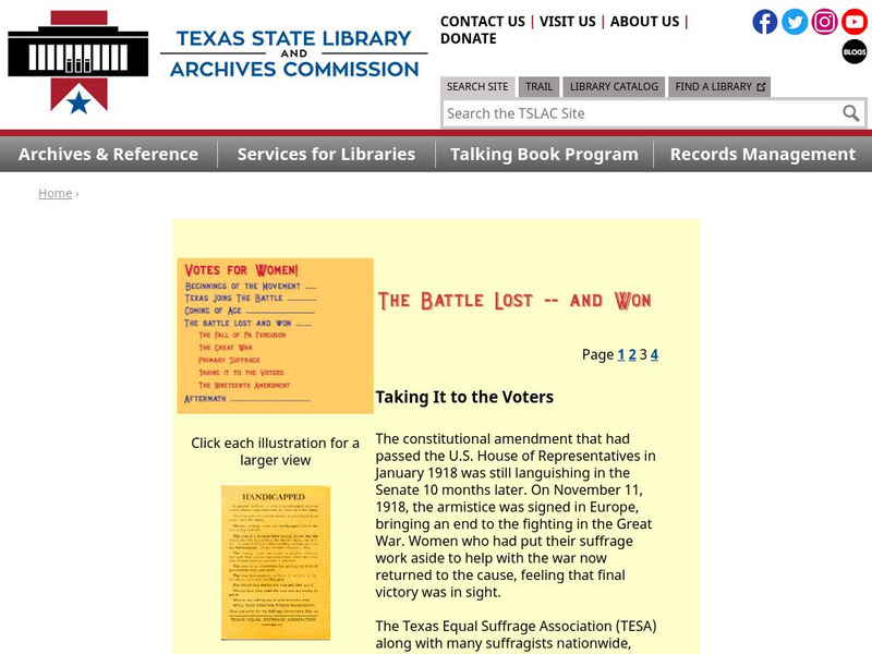 Texas State Library and Archives Commission: The Battle Lost and Won: Taking It to the Voters Website Texas State Library and Archives Commission: The Battle Lost and Won: Taking It to the Voters Website