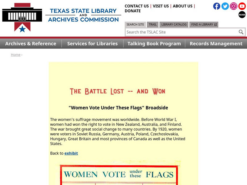 Texas State Library and Archives Commission: The Battle Lost and Won: "Women Vote Under These Flags" Broadside Website Texas State Library and Archives Commission: The Battle Lost and Won: "Women Vote Under These Flags" Broadside Website