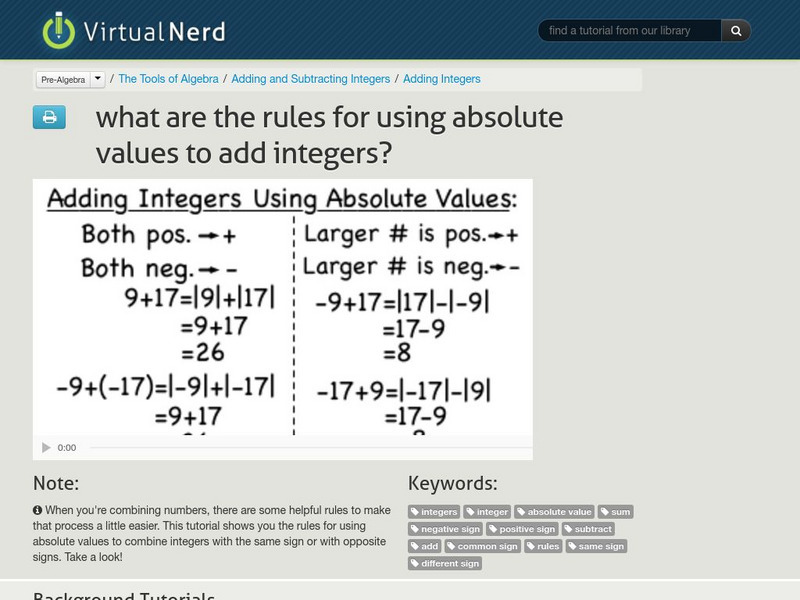 Virtual Nerd: Rules for Using Absolute Value to Add Integers Instructional Video Virtual Nerd: Rules for Using Absolute Value to Add Integers Instructional Video