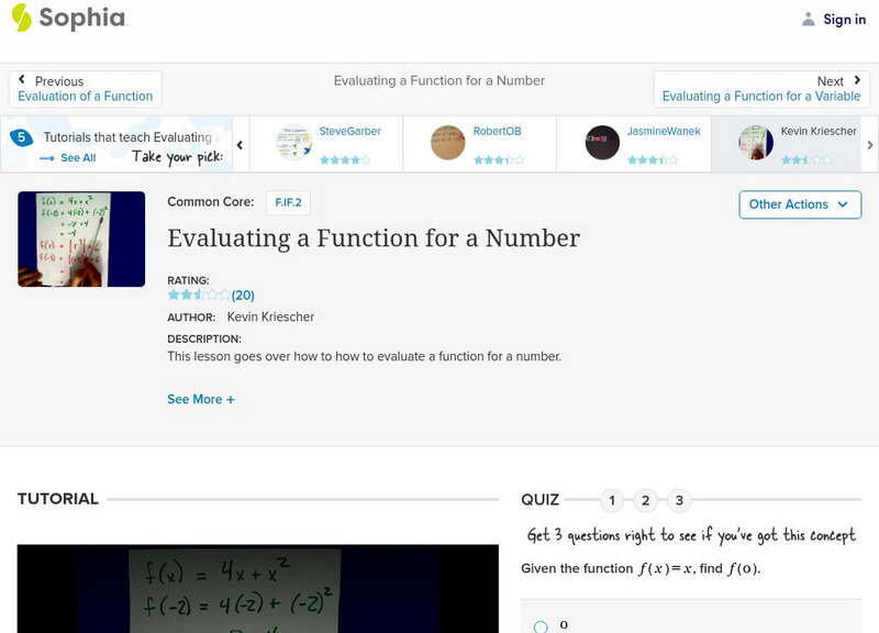 Sophia: Evaluating a Function for a Number: Lesson 2 Instructional Video