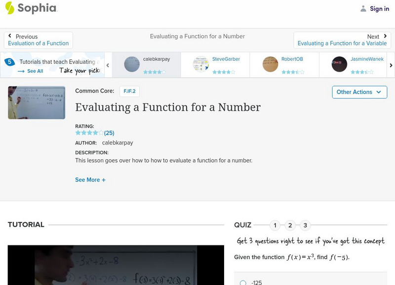 Sophia: Evaluating a Function for a Number: Lesson 7 Instructional Video