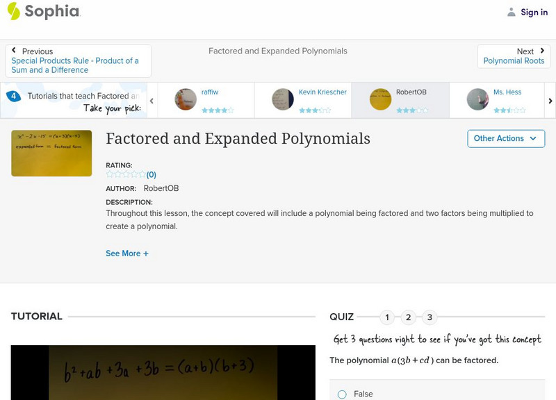 Sophia: Factored and Expanded Polynomials Instructional Video