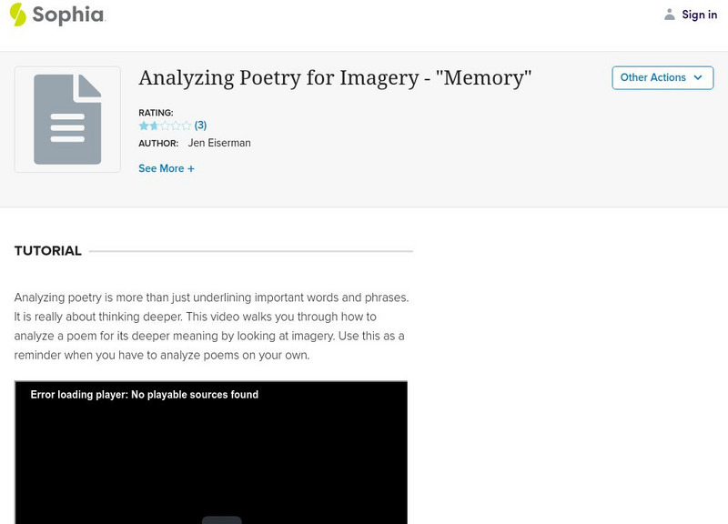 Sophia: Analyzing Poetry for Imagery "Memory" Unit Plan Sophia: Analyzing Poetry for Imagery "Memory" Unit Plan
