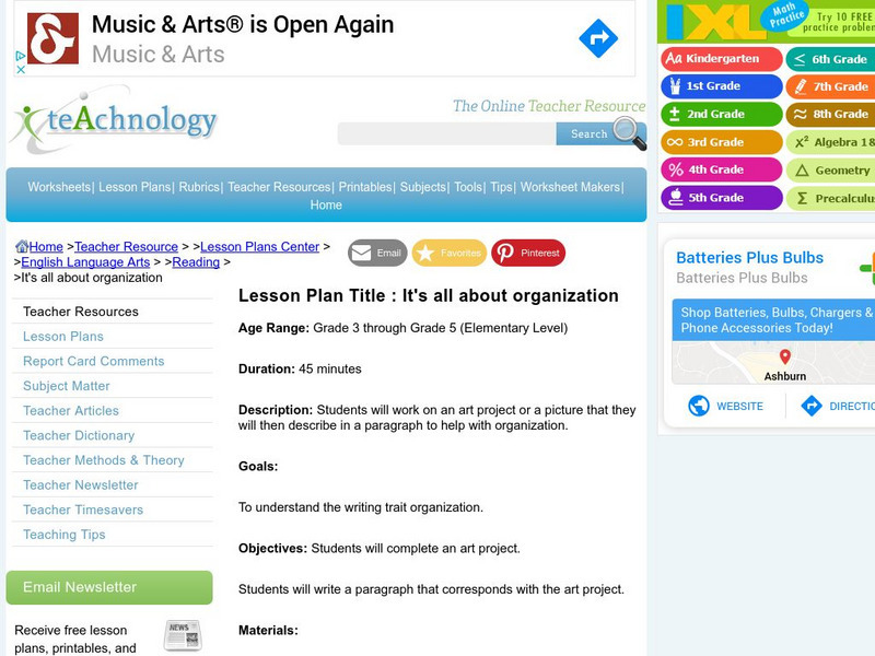 Teachnology: Lesson Plan: It's All About Organization Lesson Plan Teachnology: Lesson Plan: It's All About Organization Lesson Plan